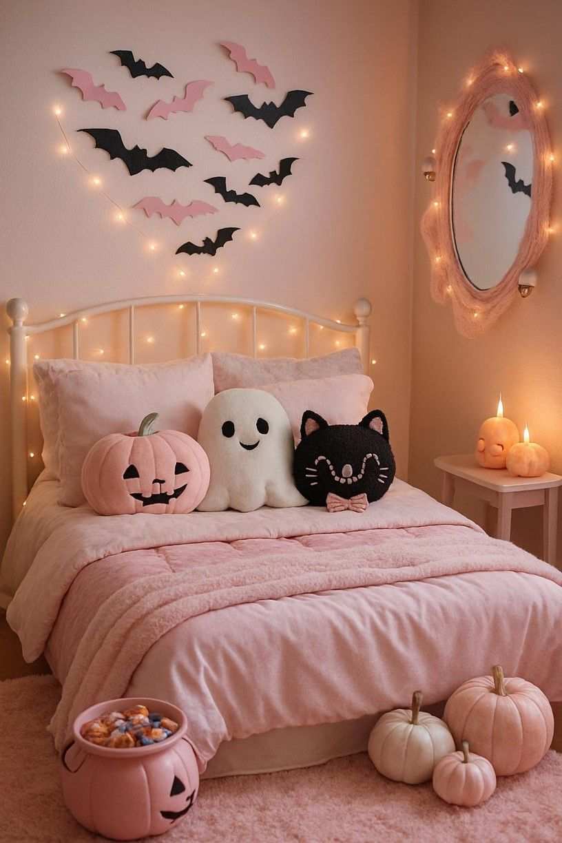 Pastel pink bedroom with bat wall, ghost pillows, and pumpkin pillows.
