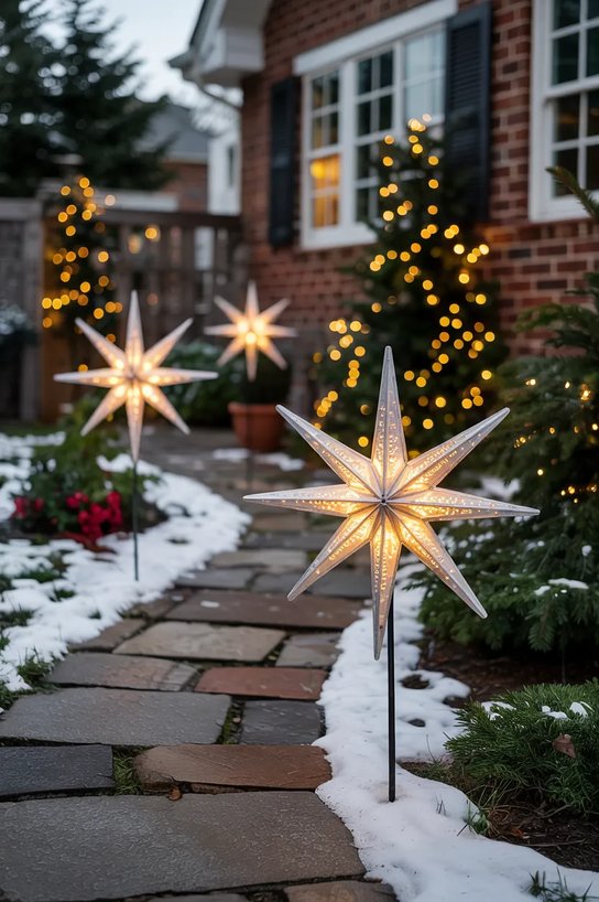 Flagstone garden walkway lined with illuminated clear acrylic star stakes glowing in warm white.