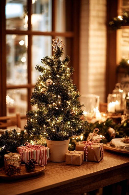 A small potted fir tree with minimal silver ornaments sitting on a white desk corner.