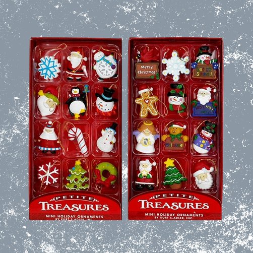 Assortment of tiny, detailed mini ornaments in various colors and shapes on a tree branch.