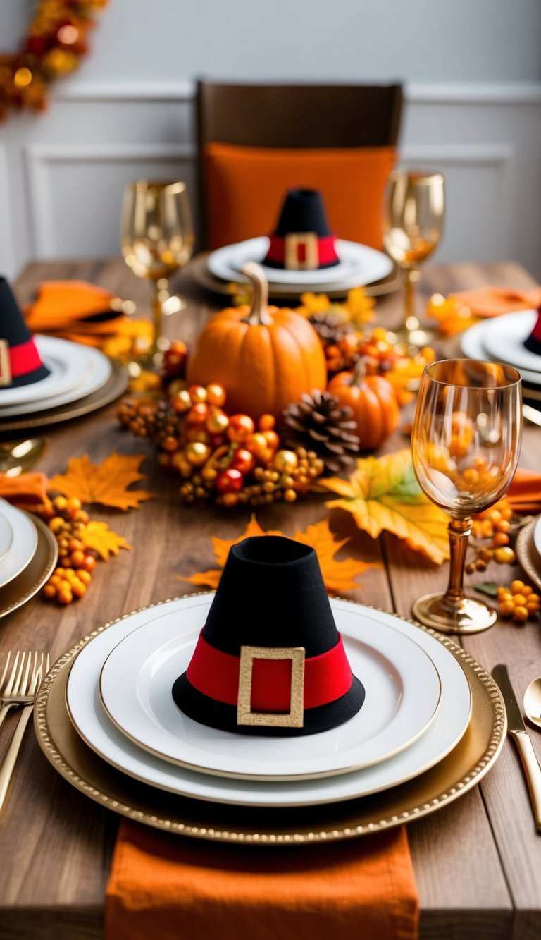Napkin folded into pilgrim hat shape, rustic wooden plates, muted orange accents, warm candlelight
