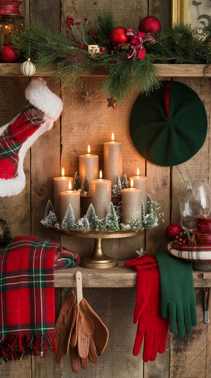 Shelf with tall pillar candles and small frosted trees in varying heights.