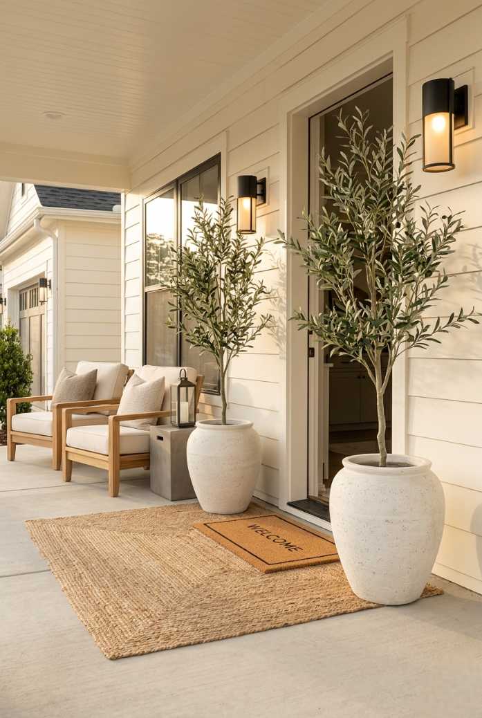 Front porch with layered rugs, oversized cushions, fairy lights, and indoor‑outdoor plant collection