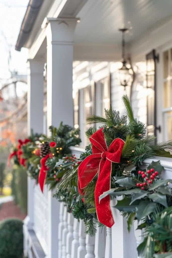 Front porch railing draped with pine garland and red ribbons, natural textures, warm lighting