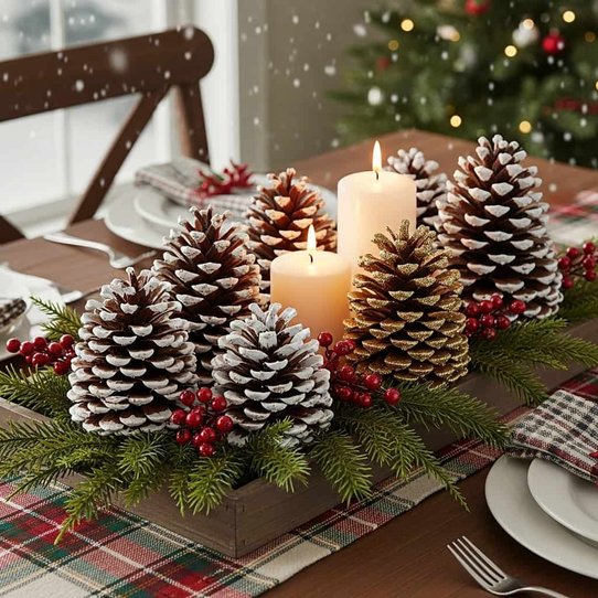 Dining table with rough-hewn wood trough, sugar pinecones, red berries, pillars, and warm candlelight