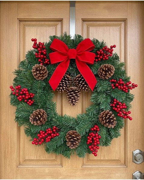 Pinecone berry wreath on white wall with warm lighting