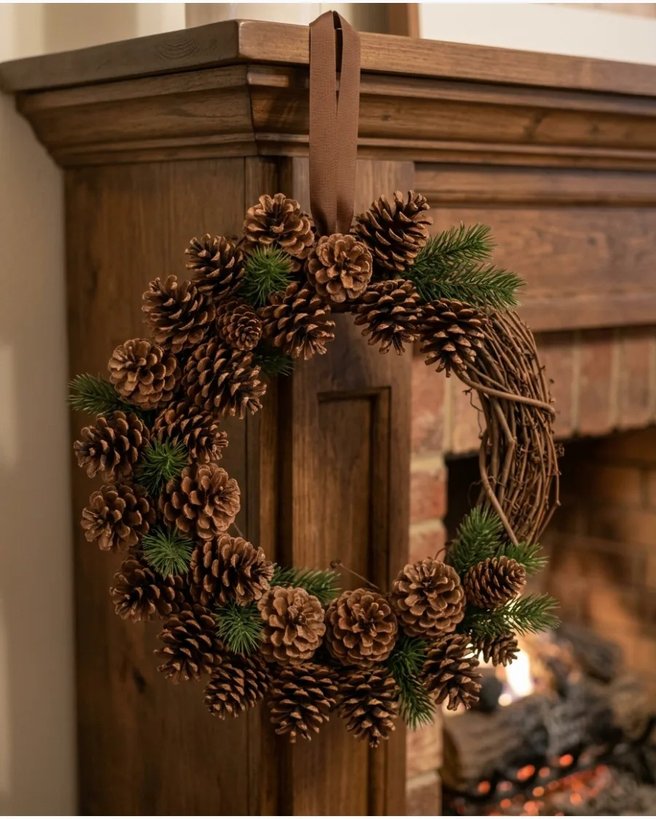 Rustic pinecone christmas wreath on white wall with burlap ribbon