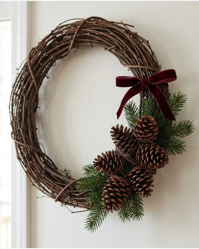 Pinecone grapevine wreath on grey door with warm fairy lights