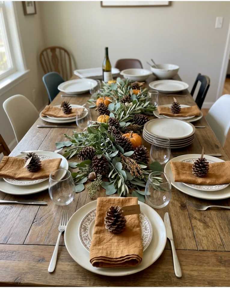 Pinecone place cards with seeded eucalyptus garland