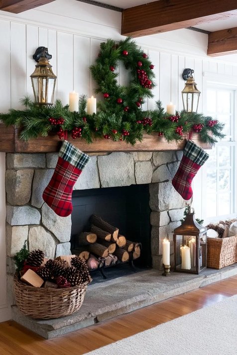 Cozy entryway bench styled with rustic garland of pinecones and red rosehips in natural light