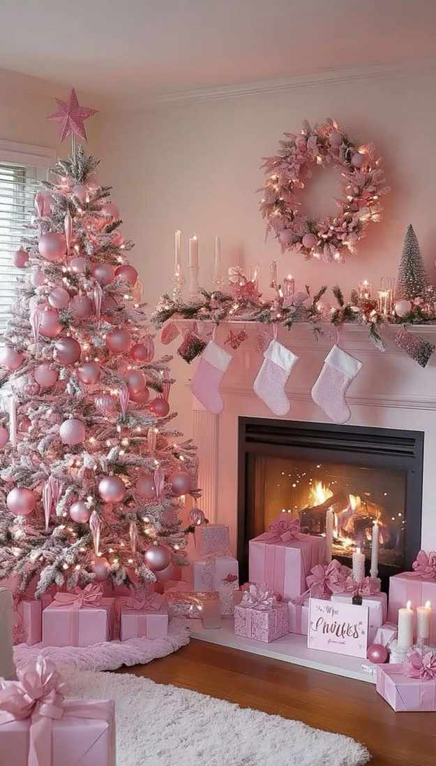Desk with pink gift wrapping paper and ribbon spools