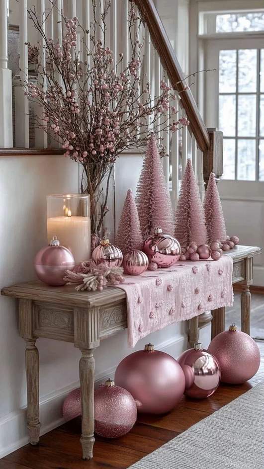 Dining table with a pink ceramic bowl centerpiece