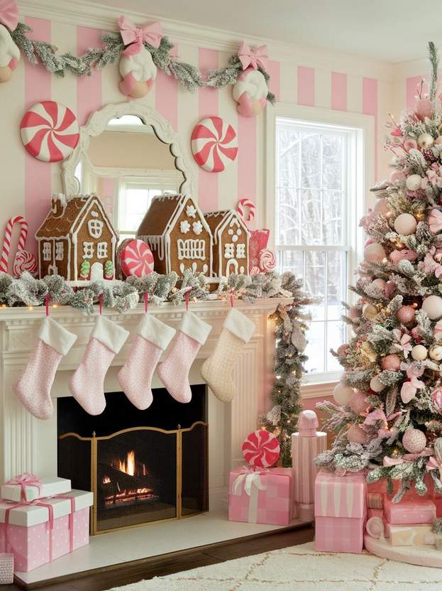 Living room with a pink rose gold lamp shade