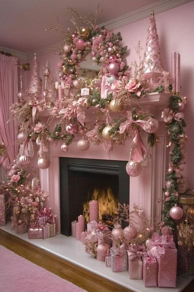 Fireplace mantel with pink candy cane candles and garland