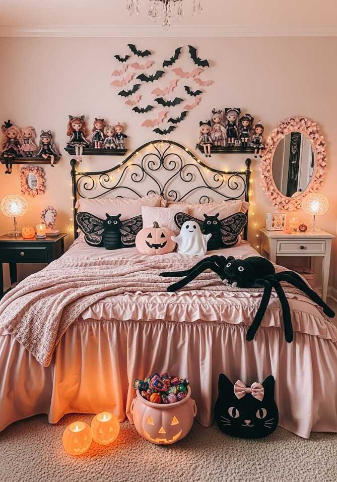 Pink goth bedroom with heart bat wall and spider plush dolls.