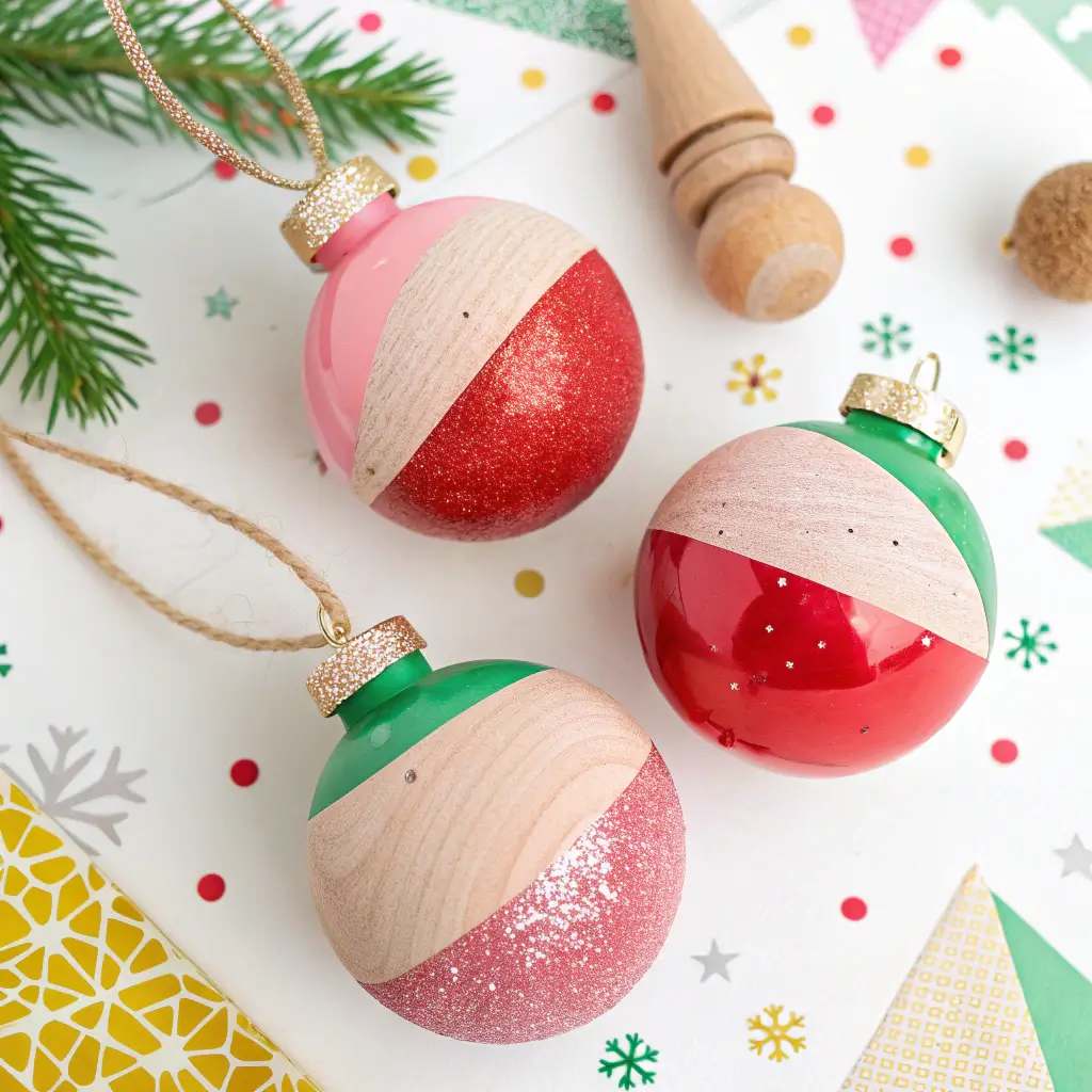 Holiday bar cart, glass top, pink and green glitter baubles, soft amber glow