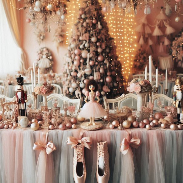 Dining table styled with blush pink linen, white porcelain, gold flatware, and fairy lights