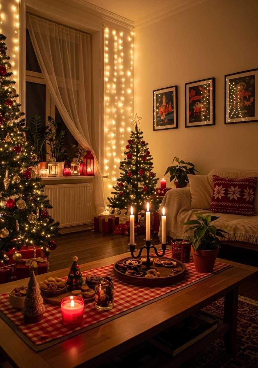 Christmas tree light strands drooping loosely off outer branches without proper inner tucking.