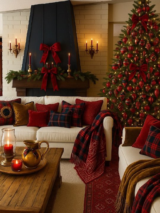 Contemporary living room with plaid accent pillows, walnut coffee table, brass floor lamp, ambient lighting.
