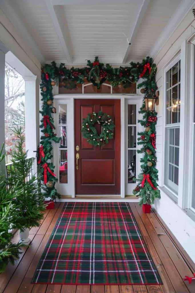 Front porch featuring plaid doormat, holly garland, wooden steps, soft white lighting