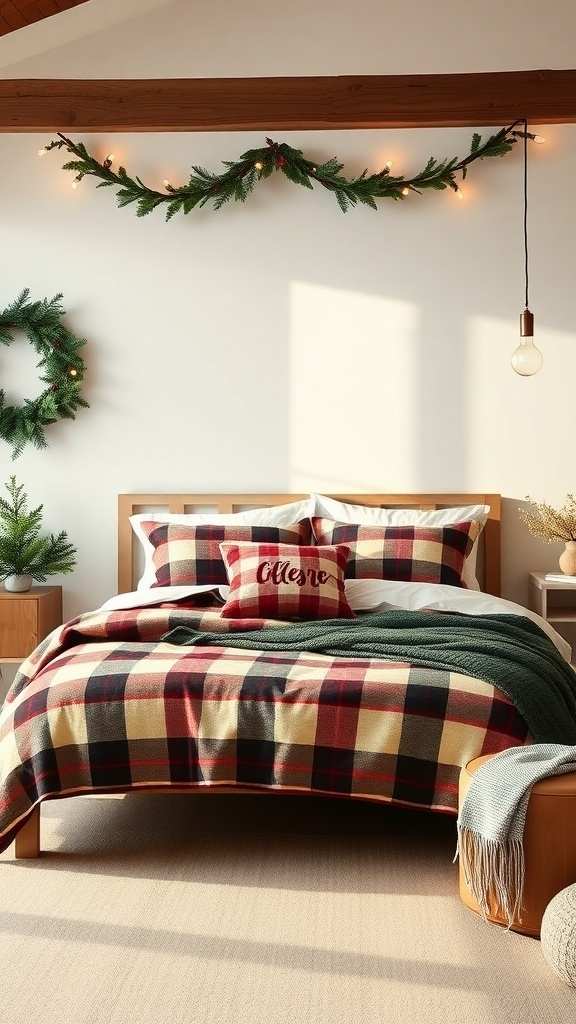 Bedroom with plaid flannel bedding, wooden furniture, and warm cozy lighting.