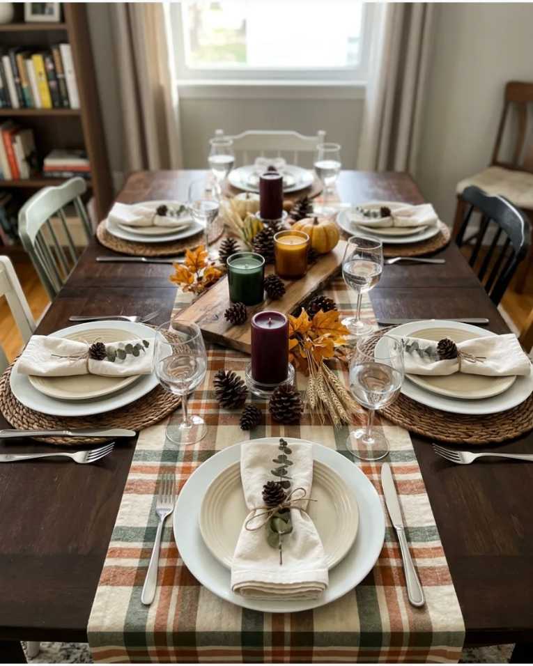 Plaid runner with pinecone napkins and woven placemats