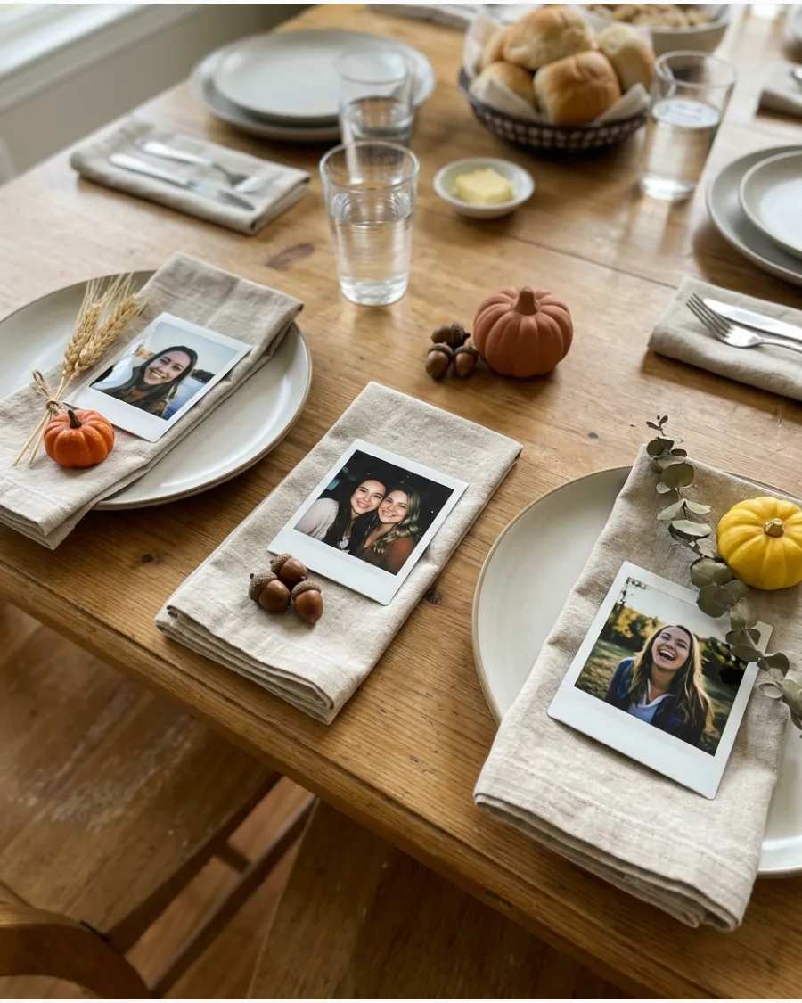 Polaroid photo place cards with linen napkins