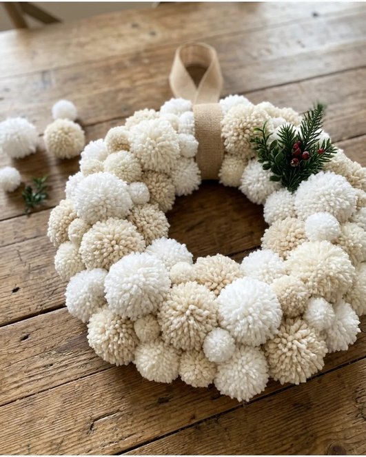 Pom pom wreath on white door with bright colors