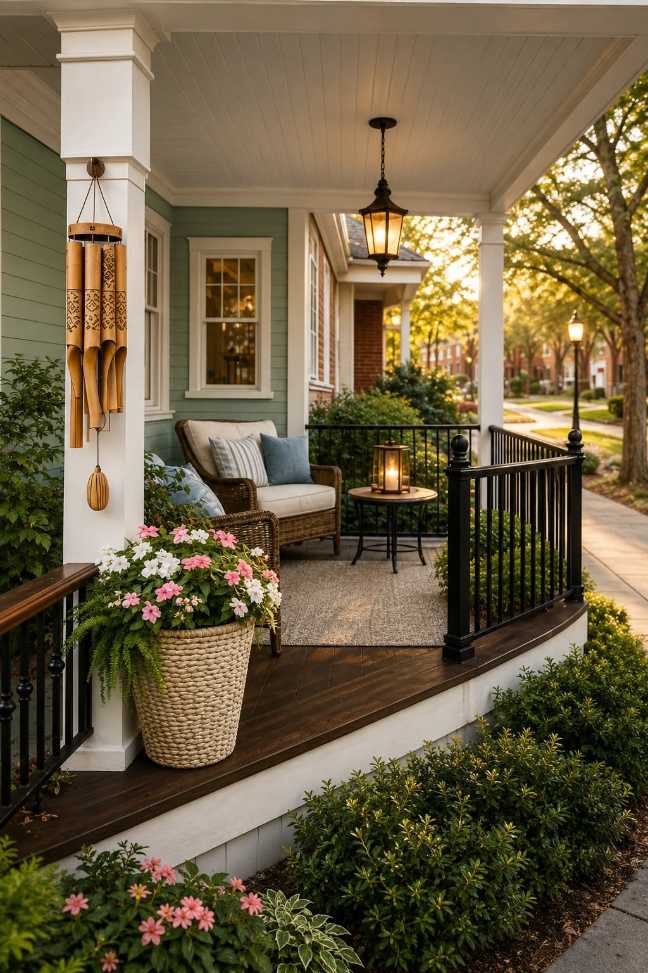 Front porch with bamboo wind chimes, natural wood bench, and soft white lanterns