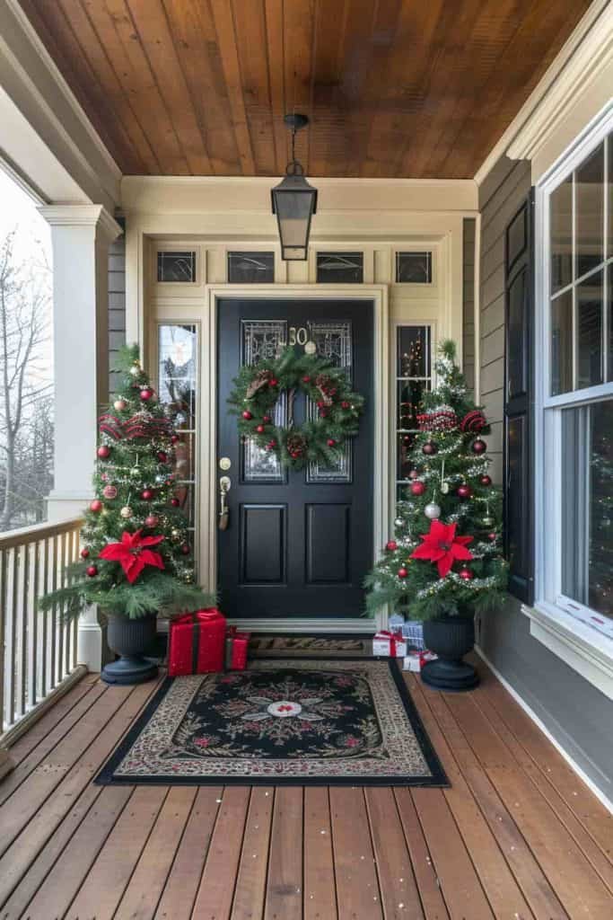 Front porch with potted mini evergreen trees, hanging ornaments, warm ambient lighting