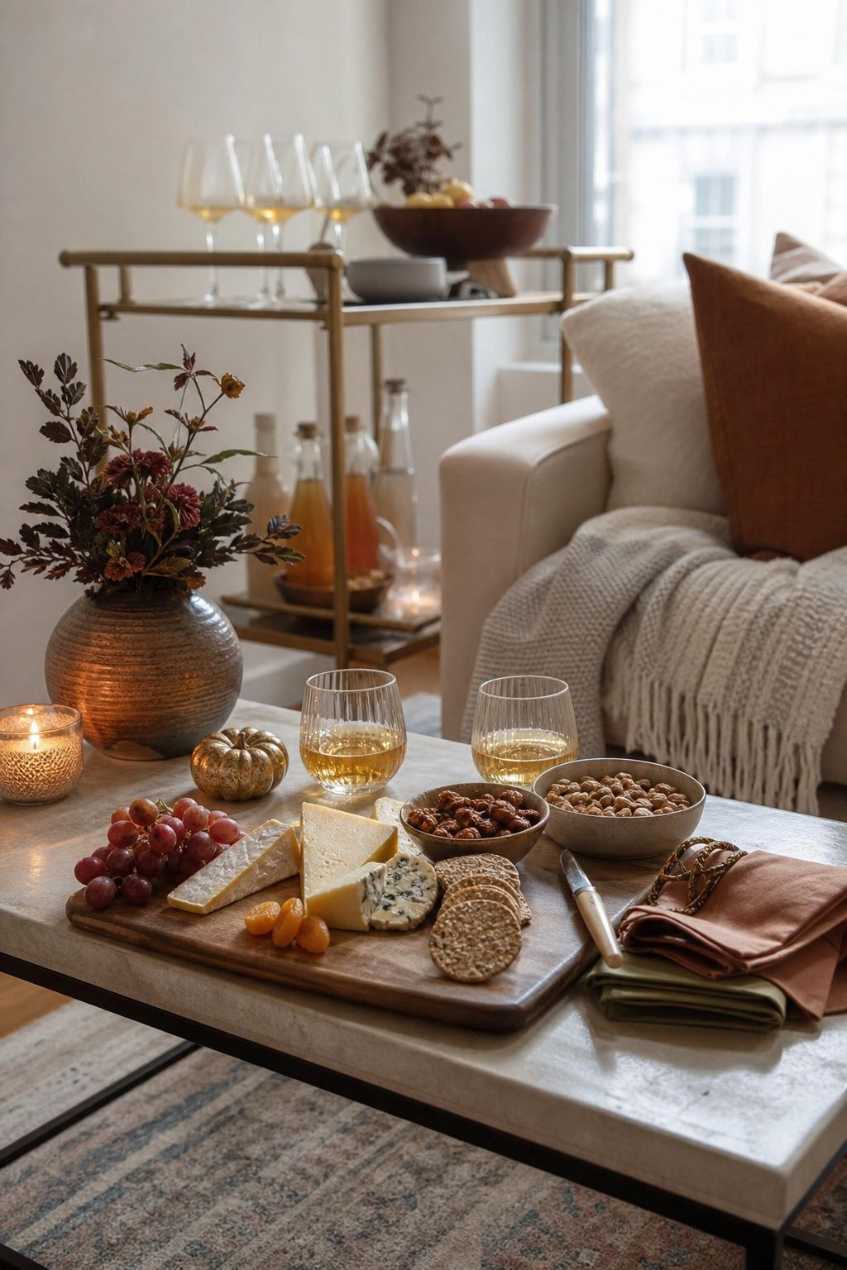 Side table with bowl of nuts glass of wine and small vase of flowers ready for guests