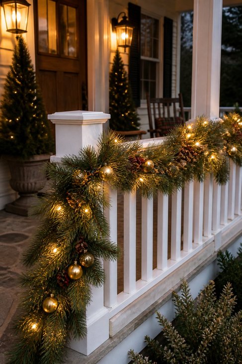 Front porch railing woven with pre‑lit garland, pine needles, warm amber lighting