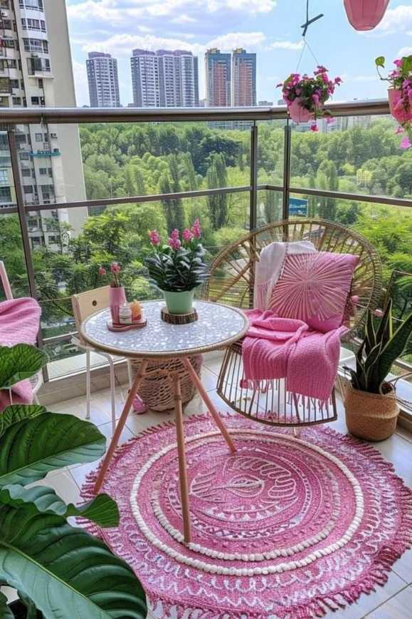Boho balcony with an Acapulco chair, vibrant pink cushions, and a mandala‑patterned rug.