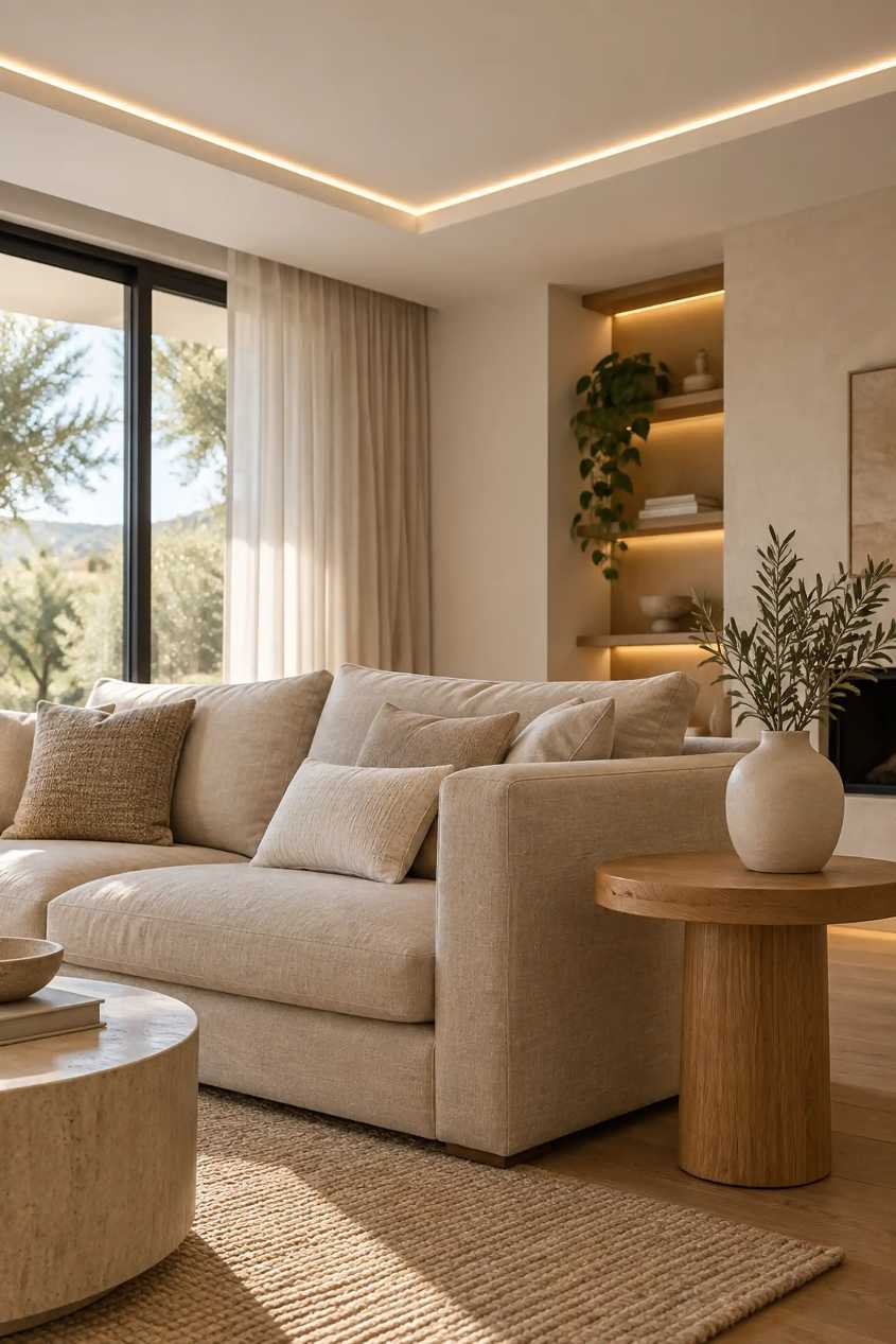 Living room with a floating LED profile light outlining the sofa perimeter, soft neutral sofa, and dimmed ambient lighting.