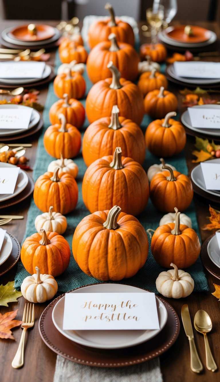 Table runner made of layered pumpkin slices, natural fibers, soft ambient lighting, earthy tones