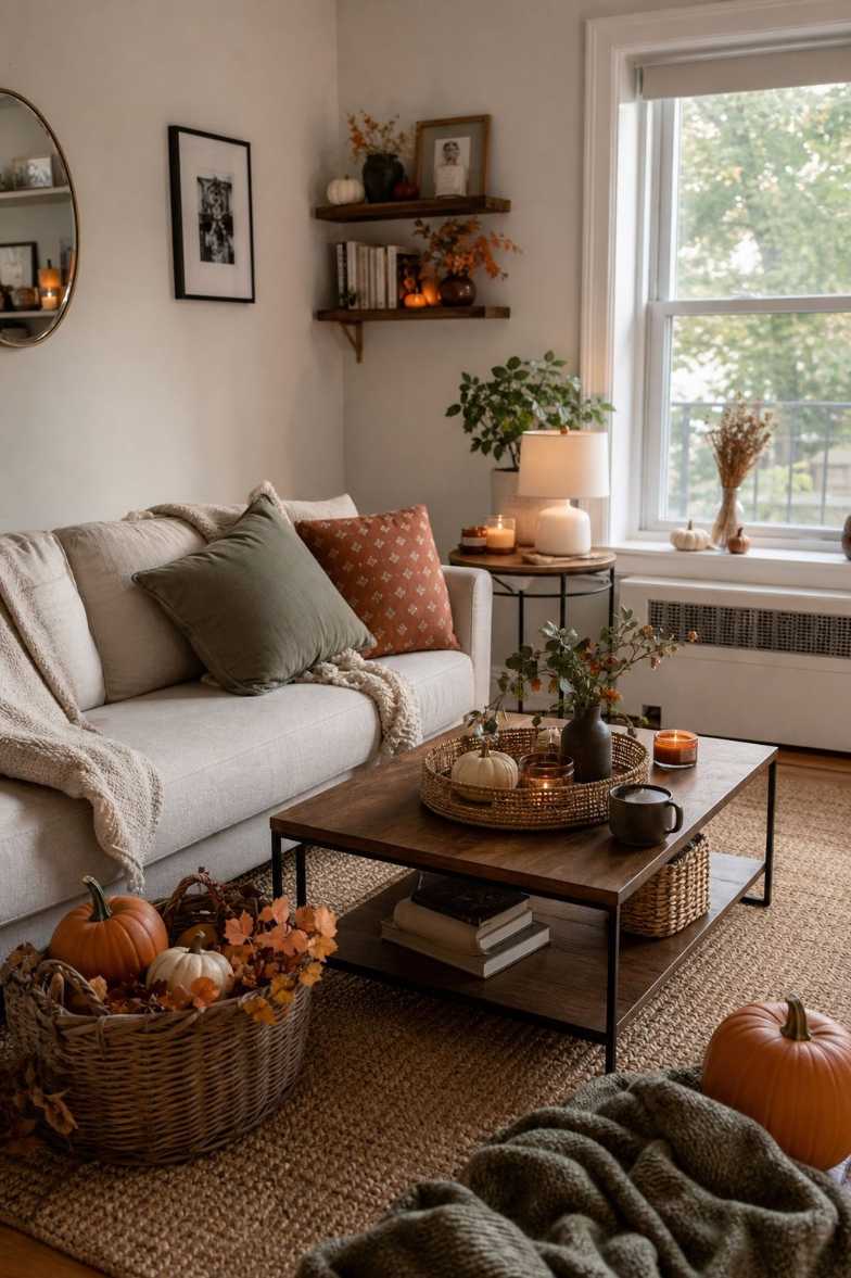 Small wooden pumpkins and a vase of dried grasses on a white shelf minimal style
