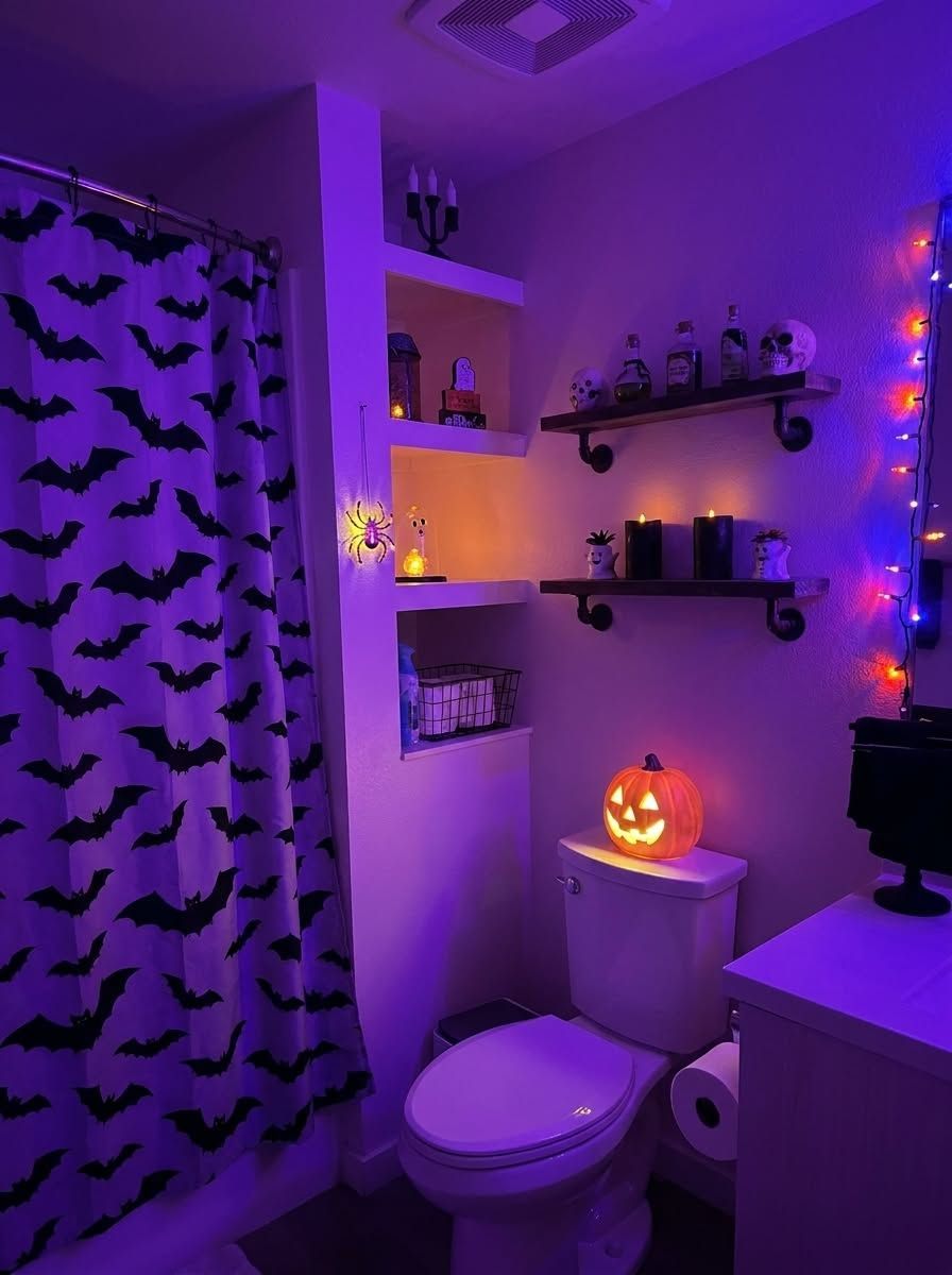 Purple bathroom with blacklight, bat‑print curtain, potion‑style glass shelves, neon green accents, dim LED lighting.