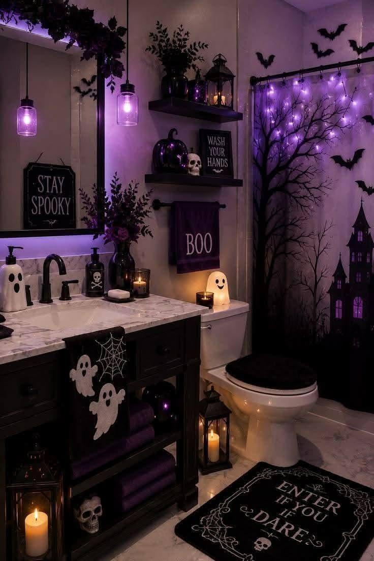 Purple gothic bathroom, haunted‑house wall mural, ghost‑print towels, matte black fixtures, soft amber lighting.