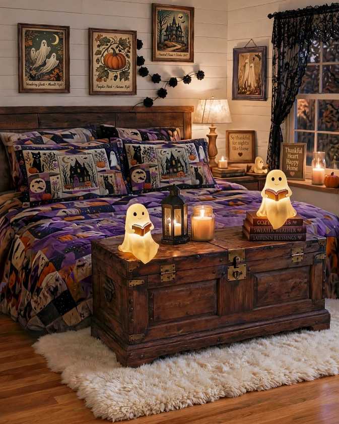 Bedroom with purple haunted house patchwork quilt and ghost lamps.
