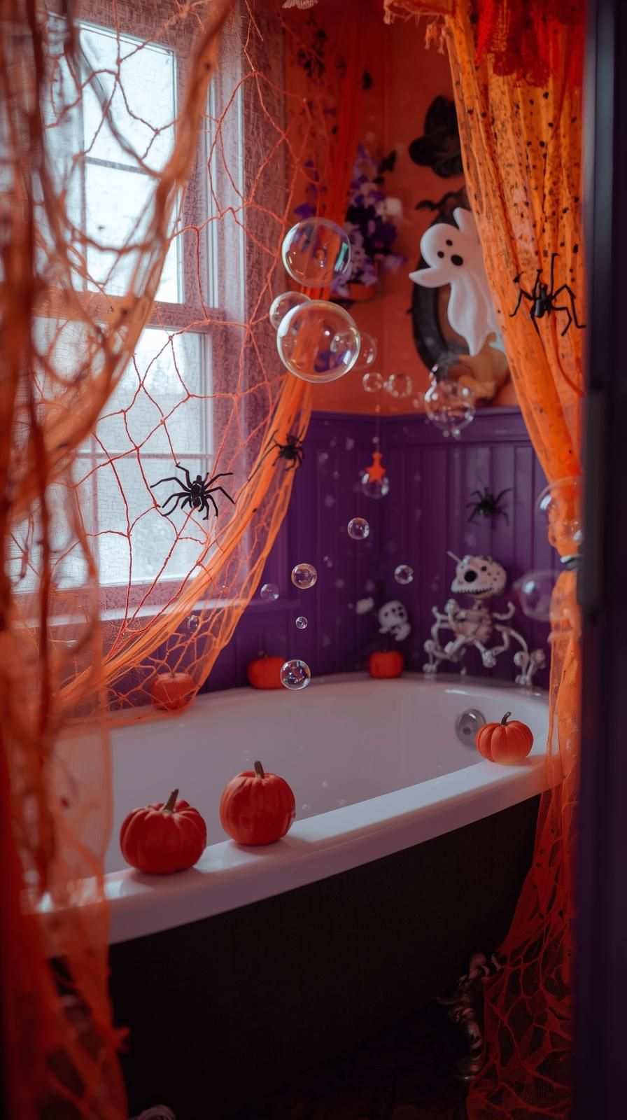 Purple wainscoted bathroom, freestanding bathtub, floating bubble décor, orange netting, cool white LED lighting.