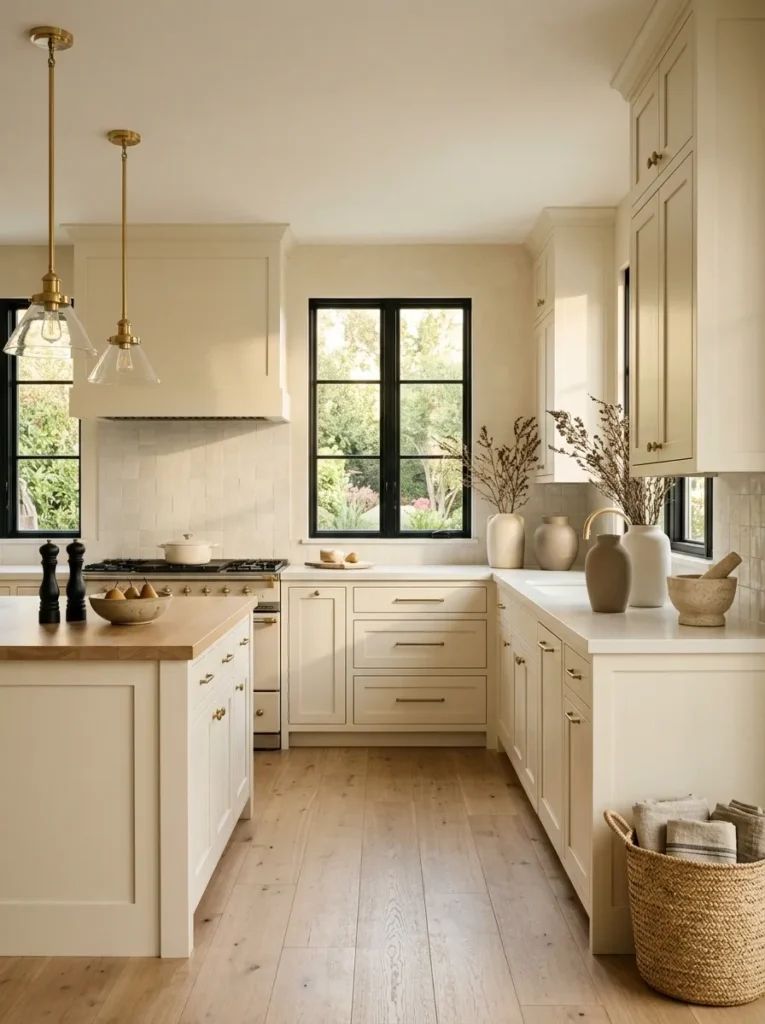 Sophisticated kitchen with cream cabinets, pearl quartz countertop, brushed gold hardware, soft recessed lighting.