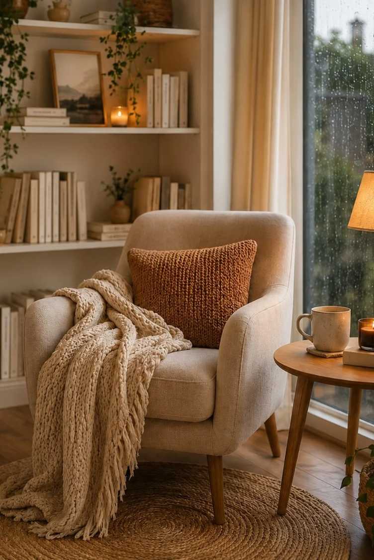 Large picture window, chunky knit throw, soft armchair, rain sound machine, muted teal walls.