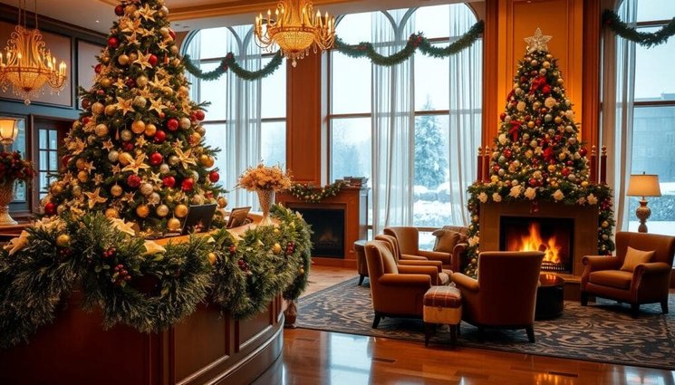 A reception desk with a large wreath and a string of lights on the counter.