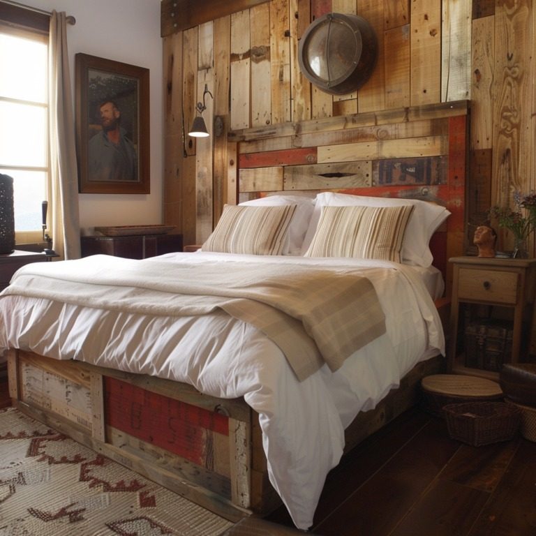 Rustic bedroom with a reclaimed wood platform bed, multitone shiplap wall, and earth‑tone bedding