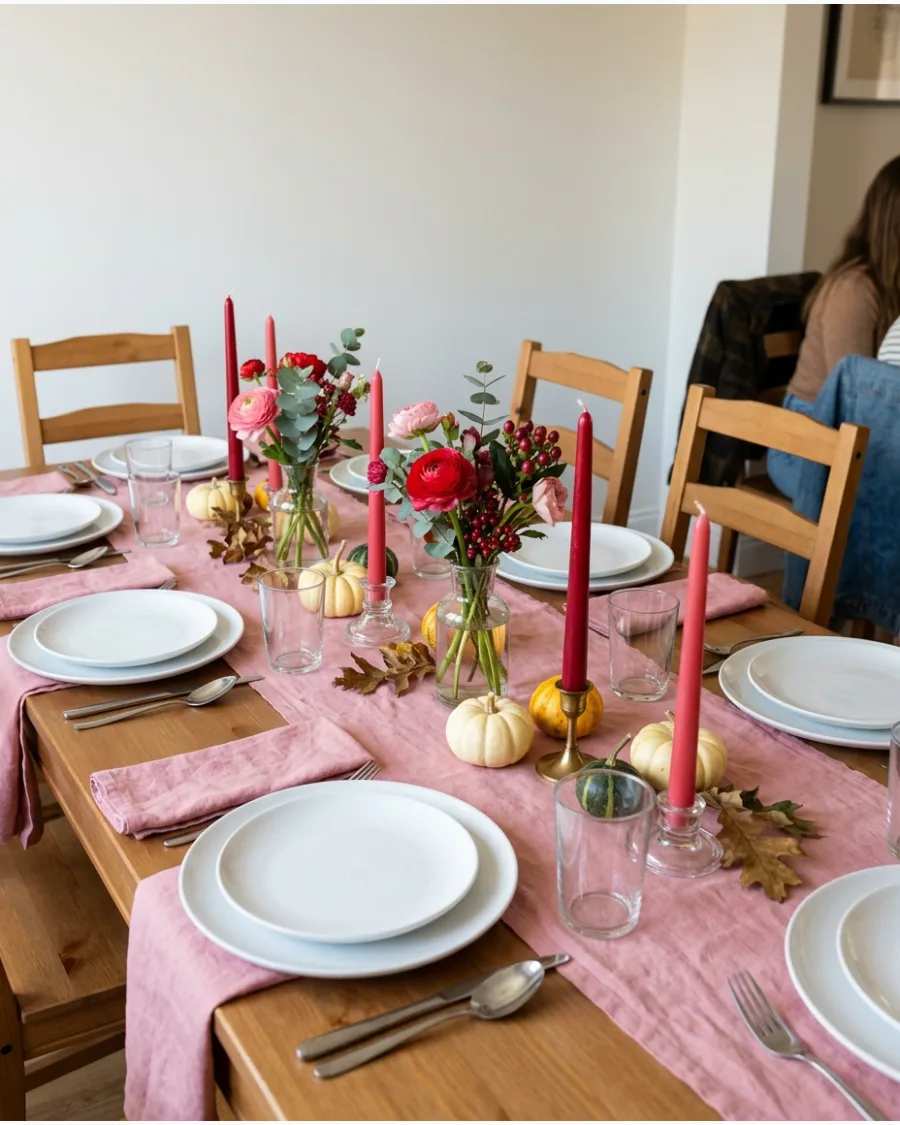 Red and pink vibrant table setting with glassware and flowers