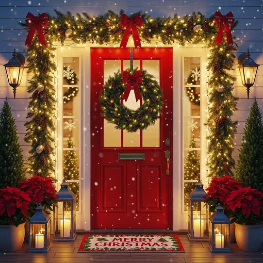 Exterior front porch with red door, dense cedar garland, wreath, brass lanterns, and warm entry light