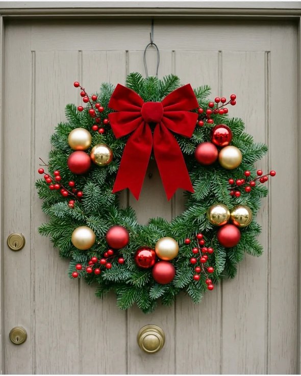 Red and gold ornament wreath on dark wood door with brass hardware