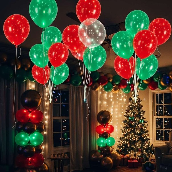 Living room entryway featuring metallic red green gold balloon columns and warm accent lighting.