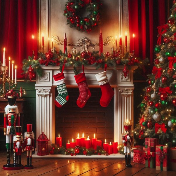 Living room fireplace mantel styled with wooden nutcrackers, lush cedar garland, and warm candlelight.