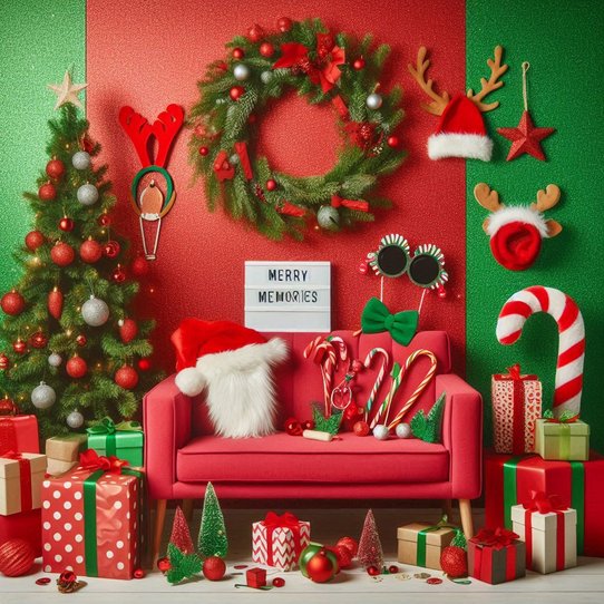 Cozy living room photo lounge with emerald green sofa, red holiday pillows, and warm ambient lamps.